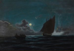 Ships By Moonlight by Emilios Prosalentis Oil Painting