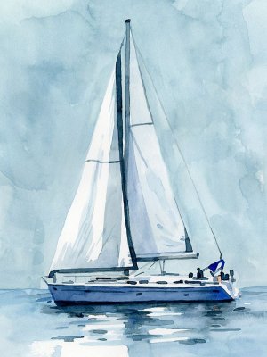 Lone Sailboat I Oil Painting by Emma Caroline - Contemporary
