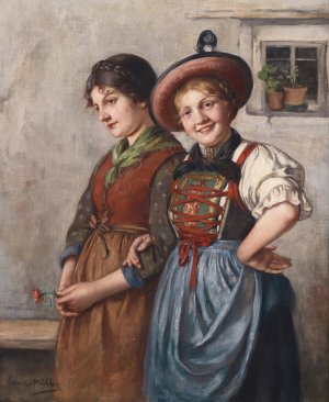 Zwei Dirndln by Emma Muller Von Seehof Oil Painting