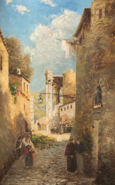 View of an Italian town  by Emmy Lischke - Hand-Painted Oil Painting Reproduction