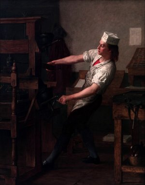 Young Franklin at the Press  by Enoch Wood Perry Jr. Oil Painting