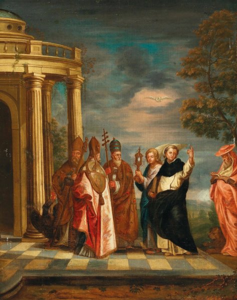 Saint Thomas Aquinas With Saints Ambrose, Augustine, Pope Gregory The Great And Jerome Contemplating The Blessed Sacrament by Erasmus De Bie - Hand-Painted Oil Painting Reproduction