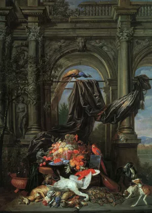 Still Life in an Architectural Setting by Erasmus Quellinus II Oil Painting