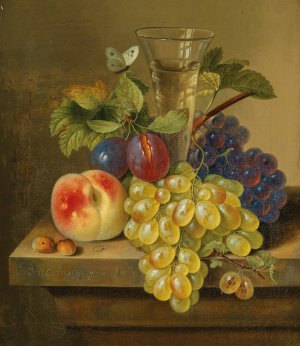 A Still Life with Grapes, a Champagne Glass and a Butterfly by Erdmann Schultz Oil Painting