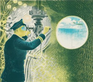 Commander of a submarine looking through a periscope by Eric Ravilious Oil Painting