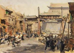 Beijing - Busy street in front of the Qianmen Oil painting by Erich Kips