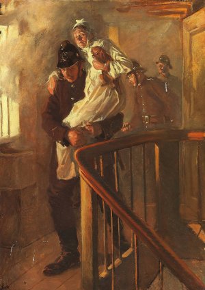 Brandmand redder en gammel Dame by Erik Henningsen Oil Painting