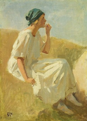 Siddende ung pige med gront torklaede by Erik Henningsen Oil Painting
