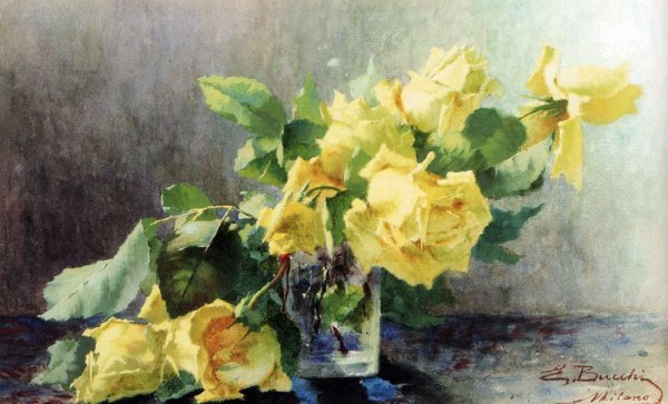 Le Rose Gialle by Ermocrate Bucchi - Hand-Painted Oil Painting Reproduction