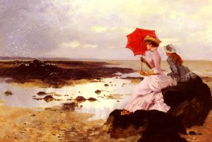 Au Bord De La Plage Sur Un Rocher Oil painting by Ernest Ange Duez