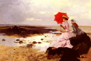 Au Bord De La Plage Sur Un Rocher Oil painting by Ernest Ange Duez