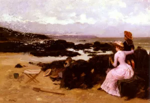 Femme Et Enfants Sur La Plage by Ernest Ange Duez Oil Painting