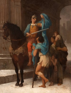 Saint Martin partageant son manteau avec un mendiant by Ernest-Barthelemy Michel Oil Painting