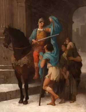 Saint Martin partageant son manteau avec un mendiant by Ernest-Barthelemy Michel Oil Painting