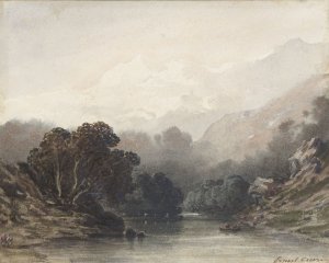 Bergmeer in de schaduw van donker geboomte, erachter lichte heuvels en sneeuwtoppen by Ernest Ciceri Oil Painting