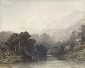Bergmeer in de schaduw van donker geboomte, erachter lichte heuvels en sneeuwtoppen by Ernest Ciceri Oil Painting