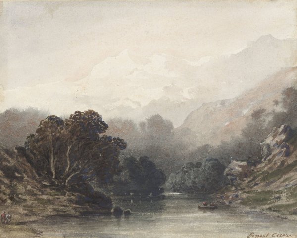 Bergmeer in de schaduw van donker geboomte, erachter lichte heuvels en sneeuwtoppen  by Ernest Ciceri - Hand-Painted Oil Painting Reproduction