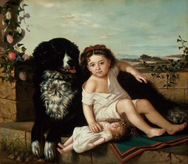 Portrait of a Girl wth Dog  by Ernest Etienne Narjot - Hand-Painted Oil Painting Reproduction