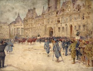 Les mutiles assistent aux obseques du general Gallieni, sur la place de l'Hotel-de-Ville by Ernest Jean Delahaye Oil Painting