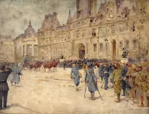 Les mutiles assistent aux obseques du general Gallieni, sur la place de l'Hotel-de-Ville by Ernest Jean Delahaye Oil Painting