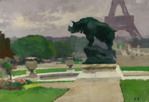 Jardin du Trocadero avec le Rhinoceros de Jacquemart Oil painting by Ernest Jules Renoux