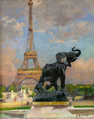 L'Elephant pris au piege de Fremiet et la Tour Eiffel by Ernest Jules Renoux Oil Painting