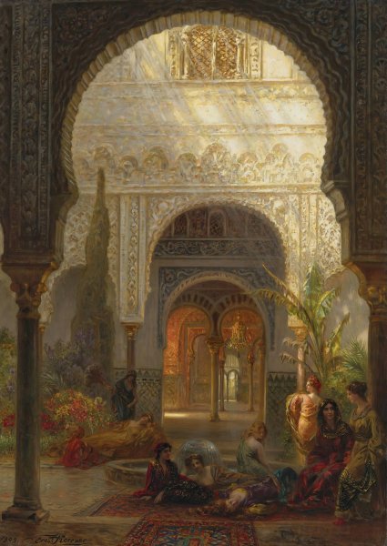The Patio Della Reina, The Alcazar, Sevilla  by Ernest Karl Eugen Koerner - Hand-Painted Oil Painting Reproduction