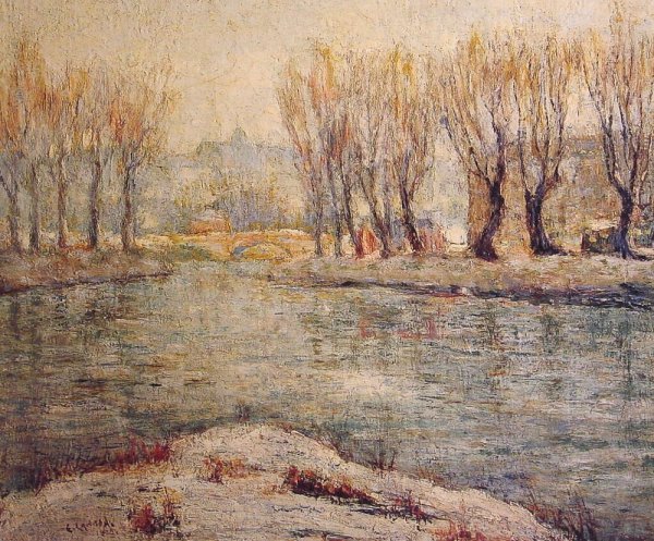 Main Product Photo of End of Winter - The Boathouse on the Harlem River, New York Painting by Ernest Lawson