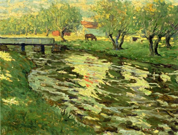 Main Product Photo of Horses Grazing by a Stream Painting by Ernest Lawson