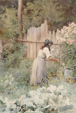 Bauerin in ihrem Gemusegarten by Ernestine Von Kirchsberg Oil Painting
