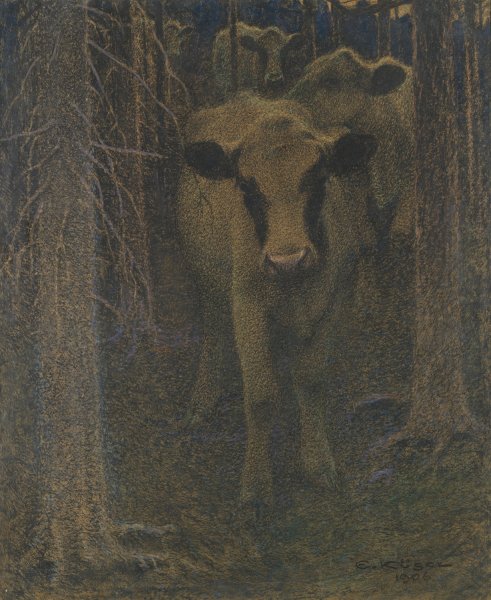 Cows in the Woods  by Ernst Kusel - Hand-Painted Oil Painting Reproduction
