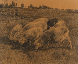 Gazing Sheep by Ernst Kusel Oil Painting