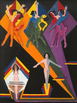 Dancing Girls in Colourful Rays by Ernst Ludwig Kirchner Oil Painting