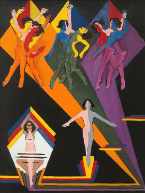 Dancing Girls in Colourful Rays by Ernst Ludwig Kirchner Oil Painting