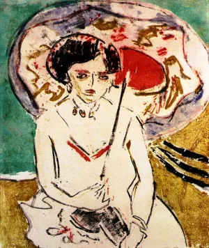 Dodo with Japanese Umbrella by Ernst Ludwig Kirchner Oil Painting