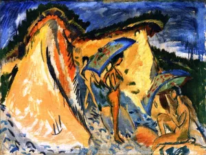 Fehmarn Dunes with Bathers Under Japanese Umbrellas painting by Ernst Ludwig Kirchner