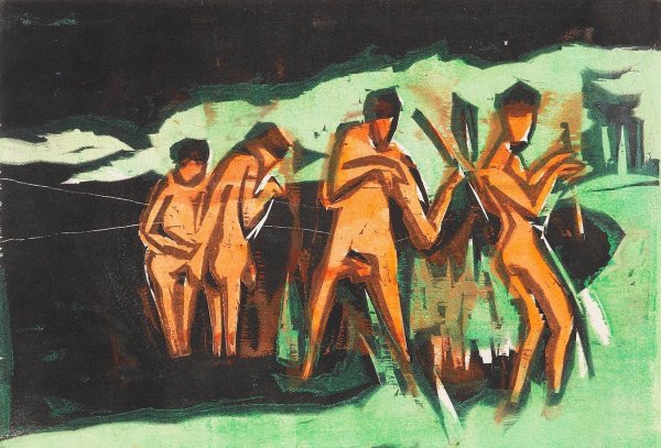 Main Product Photo of Mit Schilf werfende Badende  Painting by Ernst Ludwig Kirchner