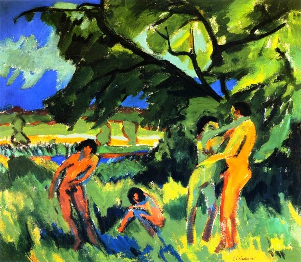 Main Product Photo of Spielende nachte Manschen unter Baum Painting by Ernst Ludwig Kirchner