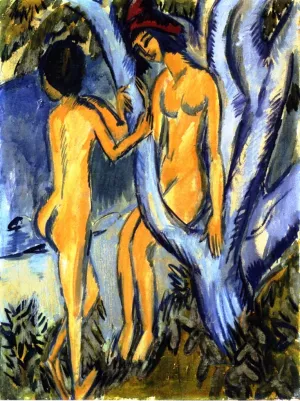 Two Nudes by a Tree by Ernst Ludwig Kirchner - Oil Painting Reproduction