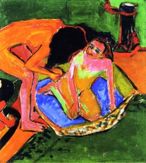 Two Nudes with Bathtub and Oven by Ernst Ludwig Kirchner - Oil Painting Reproduction