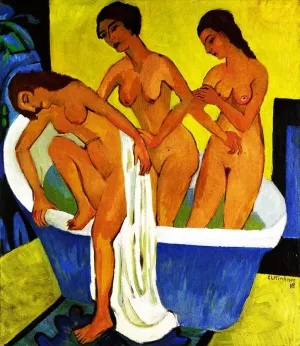 Women Bathing Triptych, Central Panel by Ernst Ludwig Kirchner - Oil Painting Reproduction