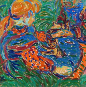 Zwei mit Katzen spielende Madchen Oil painting by Ernst Ludwig Kirchner