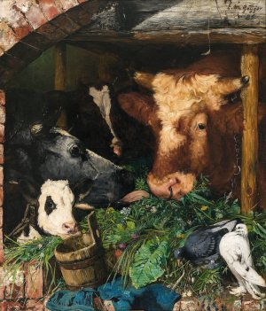 Viehfutterung by Ernst Moritz Geyger Oil Painting