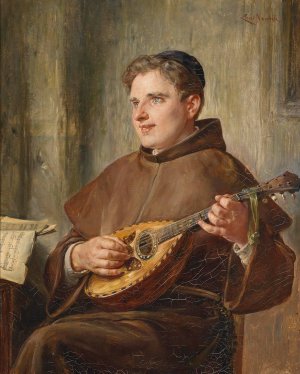 Musizierender Monch by Ernst Nowak Oil Painting