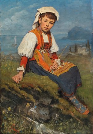 A Shepherd Girl Before A Coastal Landscape, by Ernst Payer Oil Painting