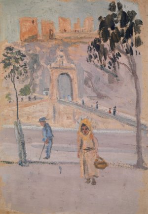 Alcantarabridge and Castillo de San Servando at Toledo by Ernst Schiess Oil Painting