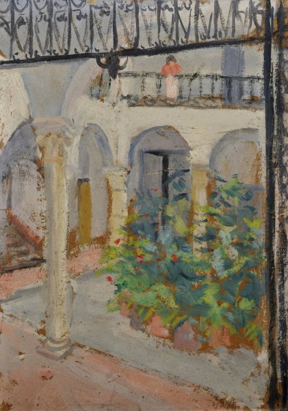 Arcaded Courtyard in a Spanish House by Ernst Schiess - Hand-Painted Oil Painting Reproduction