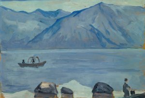 At the Beach of the Lake of Lugano by Ernst Schiess Oil Painting