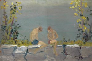 Bathing Boys on a Wall at a Lake by Ernst Schiess Oil Painting