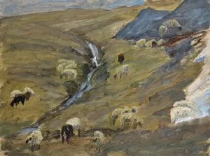 Flock of Sheep on an Alp Oil painting by Ernst Schiess